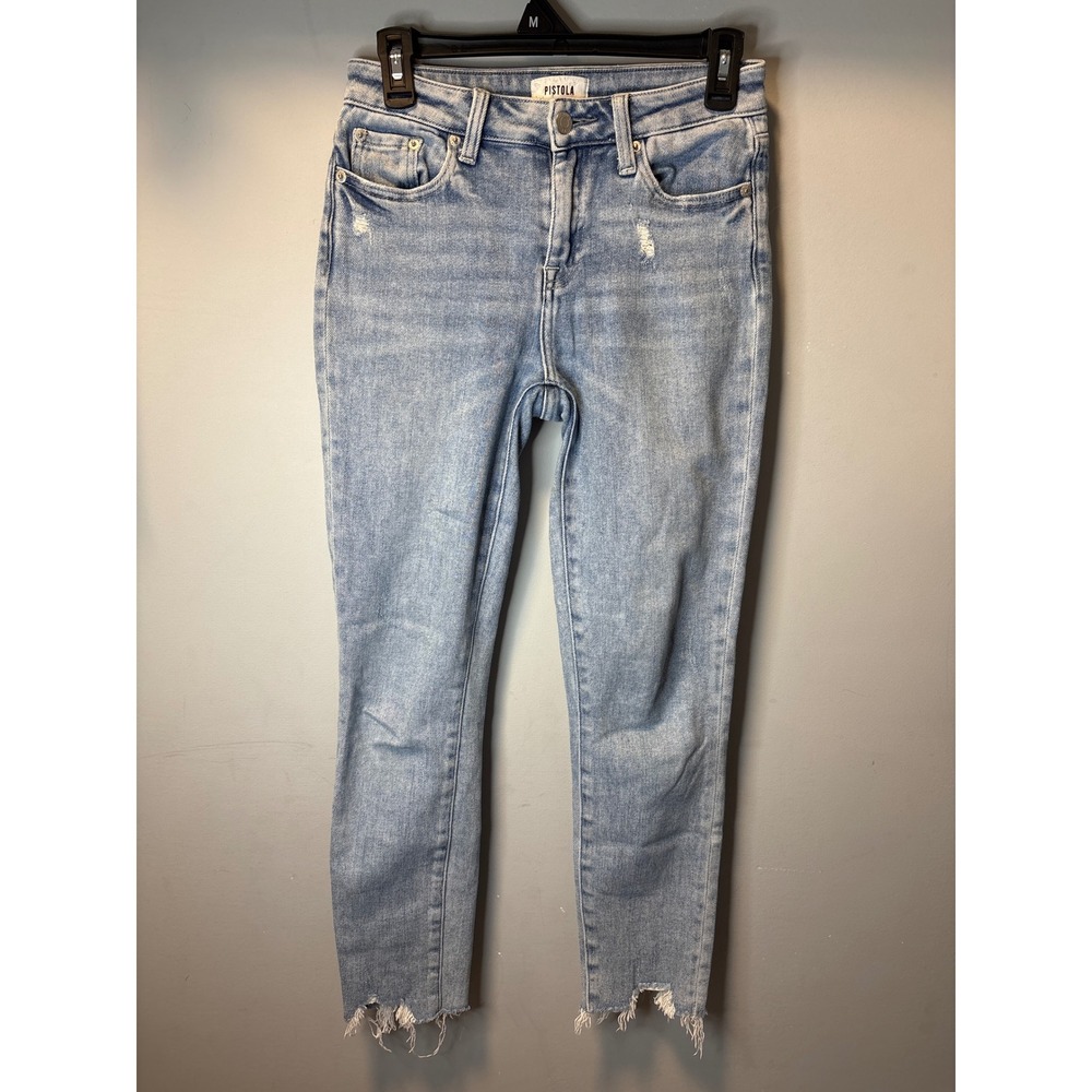 Pistola High Rise Skinny Jeans Light Wash Distressed Raw Hem Cropped Size 25